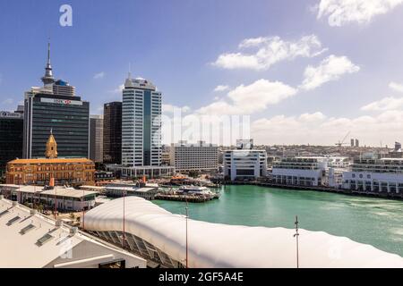 Auckland Cruise Terminal And Downtown Skyscraper Buildings In The Business District And Downtown Ferry Building Stock Photo