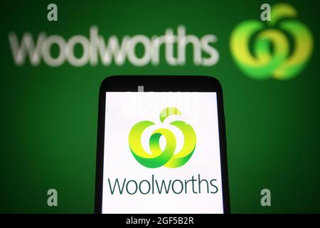 Ukraine. 23rd Aug, 2021. In this photo illustration, Woolworths logo is seen displayed on a smartphone and a pc screen. (Photo by Pavlo Gonchar/SOPA Images/Sipa USA) Credit: Sipa USA/Alamy Live News Stock Photo
