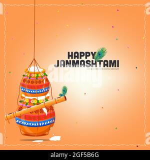 vector illustration of the Indian festival Janmashtami, birth of lord Krishna (Hindu god), butter pots, flute on colorful backgrounds Stock Vector