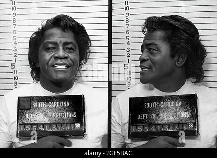 1988 , South Carolina , USA : The celebrated King of Soul Music JAMES BROWN ( 1933 - 2006 ) when was arrested by Police Department of South Carolina in the official mug-shot . On this day, Dec. 15, in 1988, James Brown began serving a six-year sentence for carrying a deadly weapon at a public gathering, attempting to flee police, and driving under the influence of drugs . Rumors of a PCP habit had already surfaced by the time his erratic behavior came to a head in September, when he reportedly stormed into the insurance company next to his office, waving a shotgun and complaining that “strange Stock Photo