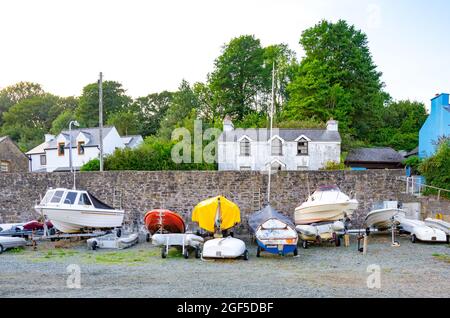 Boats out of the water on trailers at Hazelbeach, Milford Haven, Pembrokeshire, Wales. Stock Photo