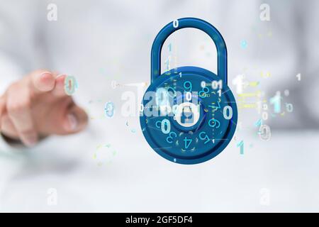 Person presenting the virtual projection of cybersecurity concept Stock Photo