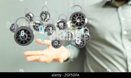 Person presenting the virtual projection of secure access systems Stock Photo