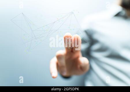 Person presenting the virtual projection of digital network Stock Photo