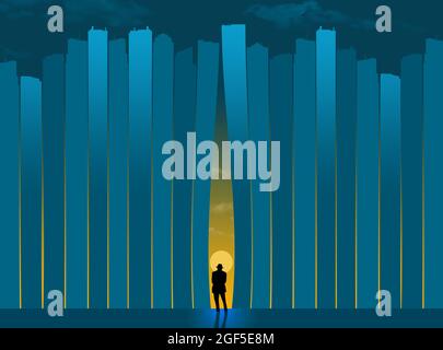 Skyscrapers form an urban skyline as the sunsets behind the building in the distance. A man in a hat watches the scene in this 3-d illustration. Stock Photo