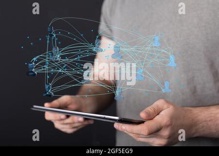 Person presenting the virtual projection of digital network Stock Photo