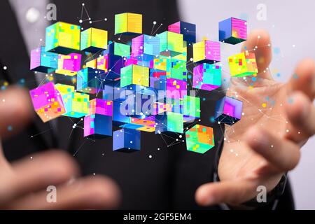 Person presenting the virtual projection of data cloud Stock Photo