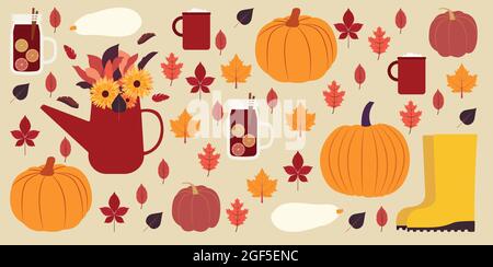 Fall season items background. Vector illustration in flat design Autumn. Hot chocolate, mulled wine, falling leaves, pumpkins, boots on beige backdrop Stock Vector