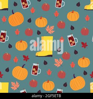 Autumn symbols seamless pattern. Vector illustration in flat design   Pumpkins, colorful leaves, mulled wine and yellow boots on blue background Stock Vector