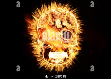 Traditional skull surrounded by flames and fire representing the syncretism of the religious pagan in Mexico City with the Katrina skull figure Stock Photo