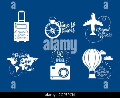 six travel letterings with icons Stock Vector