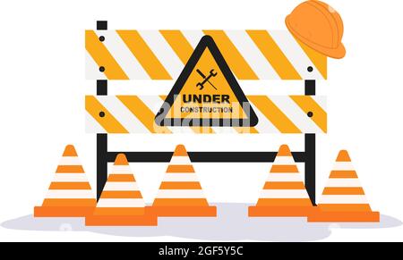 Under Construction With Symbol Worker Hold Stop or Road Sign, Tape Warning, Cone, Site Barrier. Background Vector Flat Cartoon Illustration Stock Vector