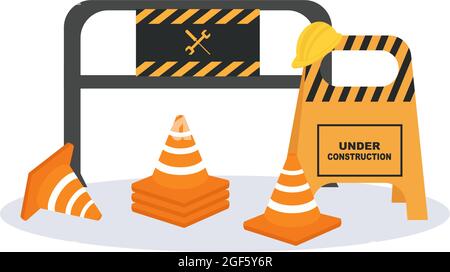 Under Construction With Symbol Worker Hold Stop or Road Sign, Tape Warning, Cone, Site Barrier. Background Vector Flat Cartoon Illustration Stock Vector