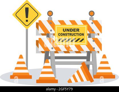 Under Construction With Symbol Worker Hold Stop or Road Sign, Tape Warning, Cone, Site Barrier. Background Vector Flat Cartoon Illustration Stock Vector