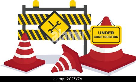 Under Construction With Symbol Worker Hold Stop or Road Sign, Tape Warning, Cone, Site Barrier. Background Vector Flat Cartoon Illustration Stock Vector