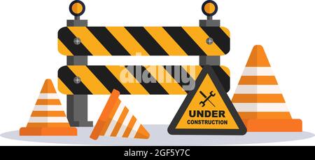 Under Construction With Symbol Worker Hold Stop or Road Sign, Tape Warning, Cone, Site Barrier. Background Vector Flat Cartoon Illustration Stock Vector