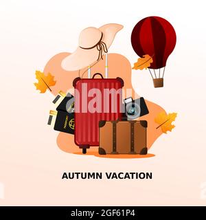autumn vacation vector illustration with travel equipment flat design Stock Vector