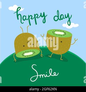 A pair of kiwi fruit dancing on the grass. Happy and smile. Vector flat illustration. Stock Vector
