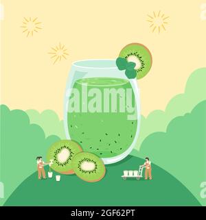 Concept of kiwi fruit juice.Tiny people working around kiwi fruit.Big glasses of kiwi juice. Flat Vector Illustration. Stock Vector