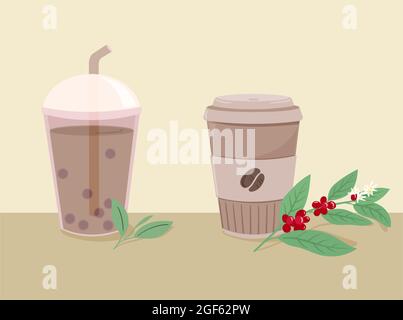 Set of beverages in different cups.Bubble milk tea and coffee. Flat Vector Illustration. Stock Vector