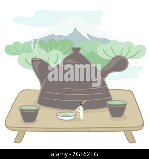 Concept of Japan's tea. Tiny people is working on a big pot of tea. Flat Vector Illustration. Stock Vector