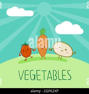 Cute vegetable characters holding hands on grass.Concept of vegetables. Flat Vector Illustration. Stock Vector