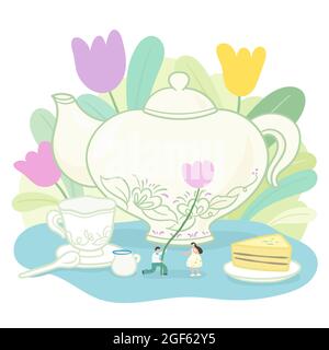 Concept of tea time.Tiny lover and a big pot of tea with flowers. Flat Vector Illustration. Stock Vector