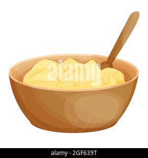 Ghee in wooden bowl with spoon asia traditional butter in cartoon style isolated on white background. Organic, vegetarian food, ingredient. . Vector illustration Stock Vector