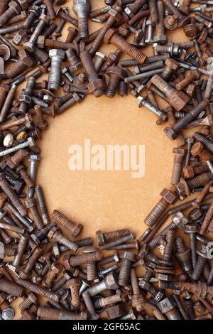 Bolt Plain Stainless Threaded Rod Tool Mechanical Steel Hex Nut Rusty Ocher Background Texture Circle Writing Zone Poster Stock Photo