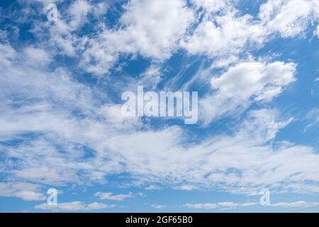 Beautiful fluffy cumulus clouds in the blue sky. Perfect background of blue sky and white clouds for your photos, design layout. Stock Photo