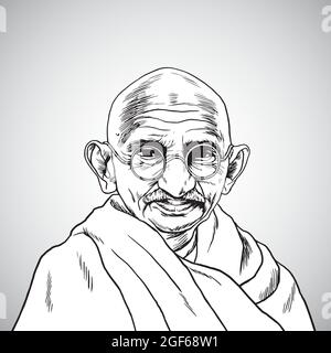 Mahatma Gandhi. Vector Portrait Drawing. Hand Drawn Illustration. Delhi, August 24, 2021 Stock Vector