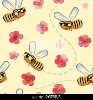 Funny cartoon bees fly among pink and red flowers. Collect pollen to make honey. Seamless pattern. Natural landscape with insects. Vector. Stock Vector