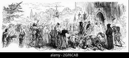 Engraving of pilgrims lining up to see The Holy Blood of Wilsnack, at Bad Wilsnack in Germany. The hosts were destroyed by reformers in 1558 during the Protestant Reformation. Stock Photo