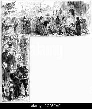 Engraving of pilgrims lining up to see The Holy Blood of Wilsnack, at Bad Wilsnack in Germany. The hosts were destroyed by reformers in 1558 during the Protestant Reformation. Stock Photo