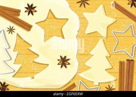 Christmas baking background, vector illustration. Dough, cookie cutters and spices. Stock Vector