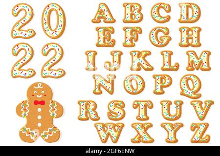 Set of gingerbread cookies alphabet, gigures 2022 vector illustration. Stock Vector