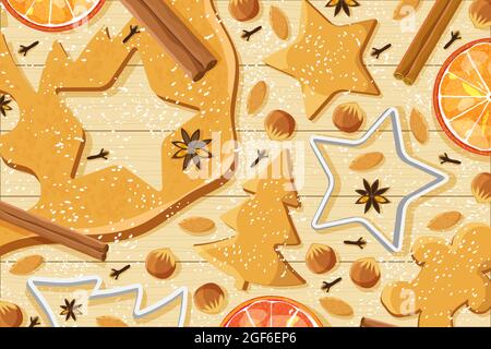 Christmas gingerbread baking background, vector illustration. Dough, cookie cutters and nuts. Stock Vector