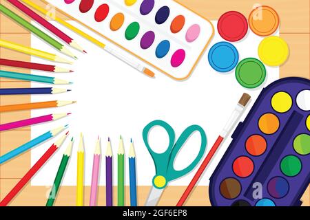Supplies for drawing. Paint, pencils, paper vector illustration background. Stock Vector