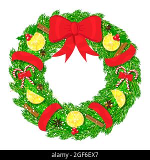 Christmas wreath with ribbons, bow, spices and fruits decorations isolated on white. Vector illustration. Stock Vector
