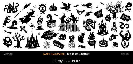 Set of halloween silhouettes. Collection of vector halloween icon and character isolated on a white background. Stock Vector