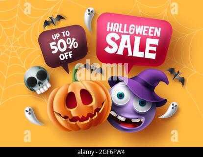 Halloween sale vector banner design. Halloween 50% off discount text in speech bubble elements with pumpkin and witch cute character emoji for ads bac Stock Vector