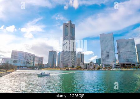 Yokohama city skyline with blue sky in Japan Stock Photo