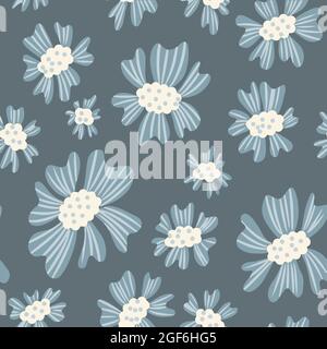 dusty blue floral seamless pattern in hand drawn naive style, flowers background. Stock Vector