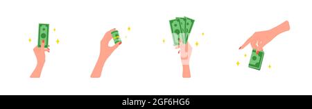 Transfer money. Female hands giving green bills. Donation, charity or payday concept. Financial symbol. Banking or business services. Vector Stock Vector