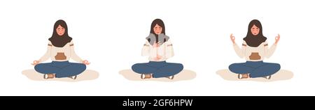 Abdominal breathing. Arab woman practicing belly breathing for relaxation. Breath awareness yoga exercise. Meditation for body, mind and emotions Stock Vector