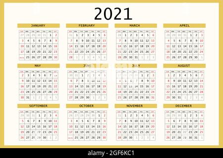 2021 calendar planner. Corporate week. Template layout, 12 months yearly, white background. Simple design for business brochure, flyer, print media Stock Vector