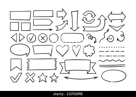 Set of hand drawn shapes - arrows, ovals, rectangles, underlines. Highlight round and square frames. Doodle black hearts and stars. Vector Stock Vector
