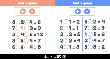 Math game. Plus or minus. Set worksheets for kids preschool and school age. Vector illustration. Stock Vector