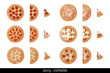 Set pizza with pepperoni, tomatoes, onions, olives, mushrooms, ham. Izolated on white background. Italian fast food Vector illustration Stock Vector