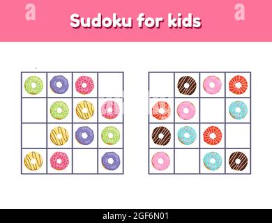 Vector illustration. Sudoku for children with pictures. Logic rebus for preschool and school kids. Educational game. Donuts. Stock Vector